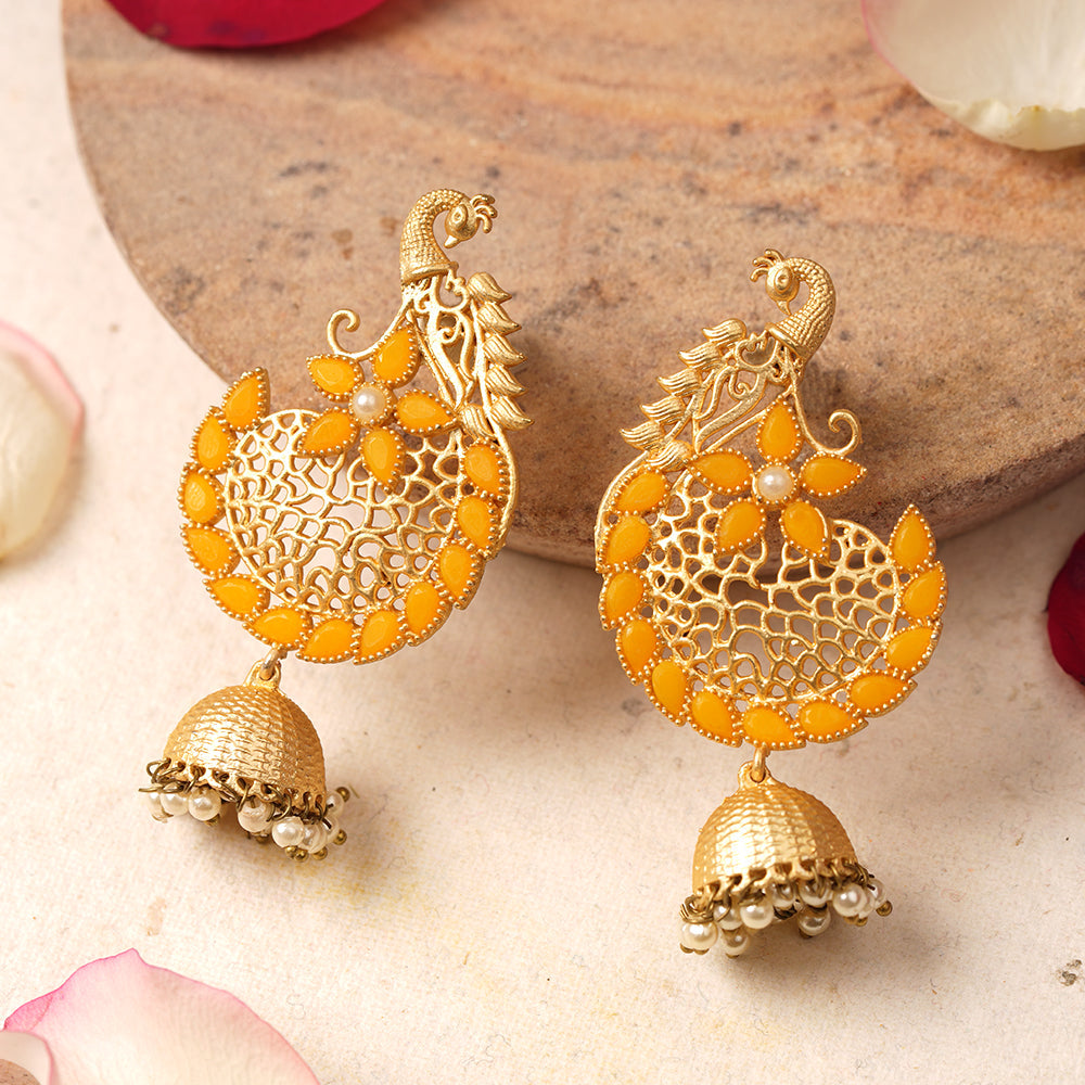 Prisha- Stone Studded Hanging Pearl Jhumki Earrings(Yellow)