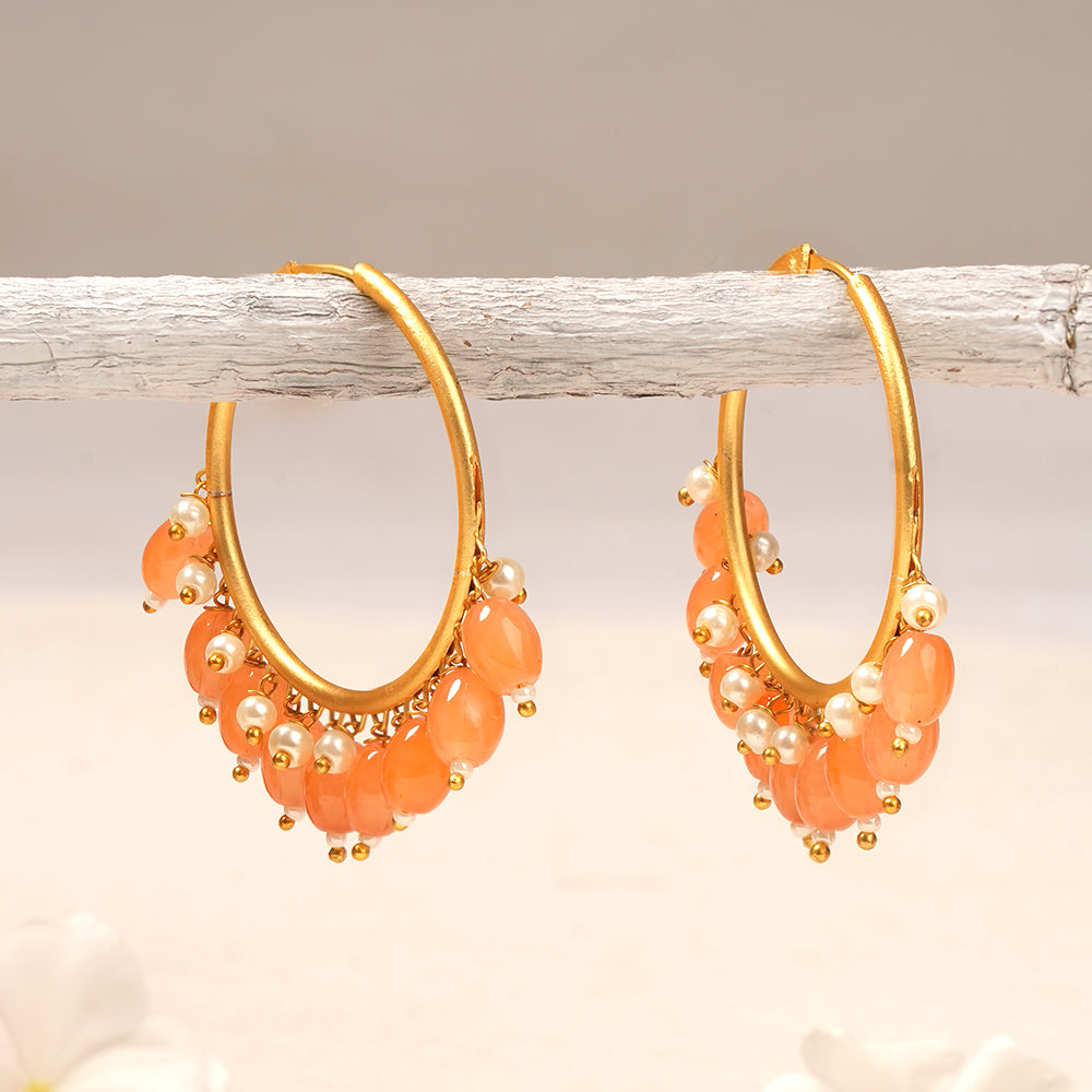 Zoya- Hanging Pearl Hoops Earrings(Orange)