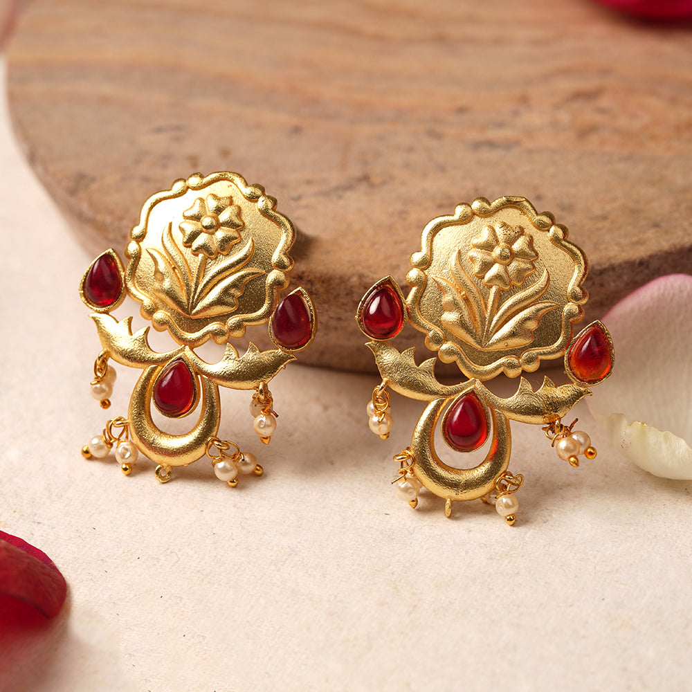 Ritika- Stone Studded Hanging Pearls Dangler Earrings(Dark Red)