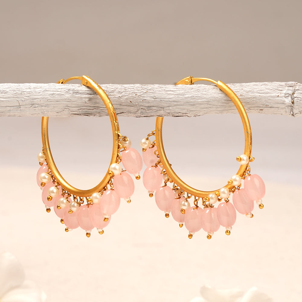 Zoya- Hanging Pearl Hoops Earrings(Light Pink)