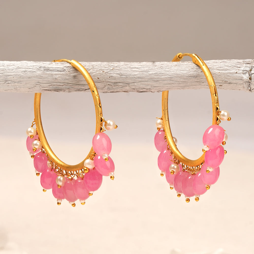 Zoya- Hanging Pearl Hoops Earrings(Pink)