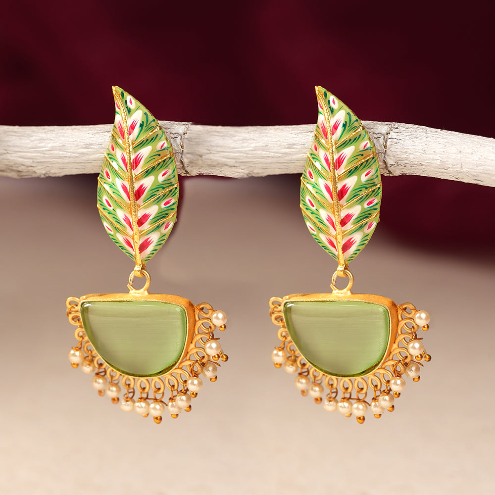 Aashi- Stone Studded Dangler Earrings(Pale Green)