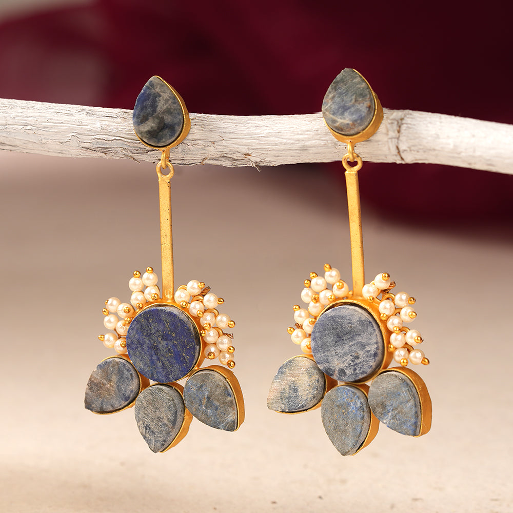 Ziyana- Stone Studded Baby Pearl Dangler Earrings(Blue)