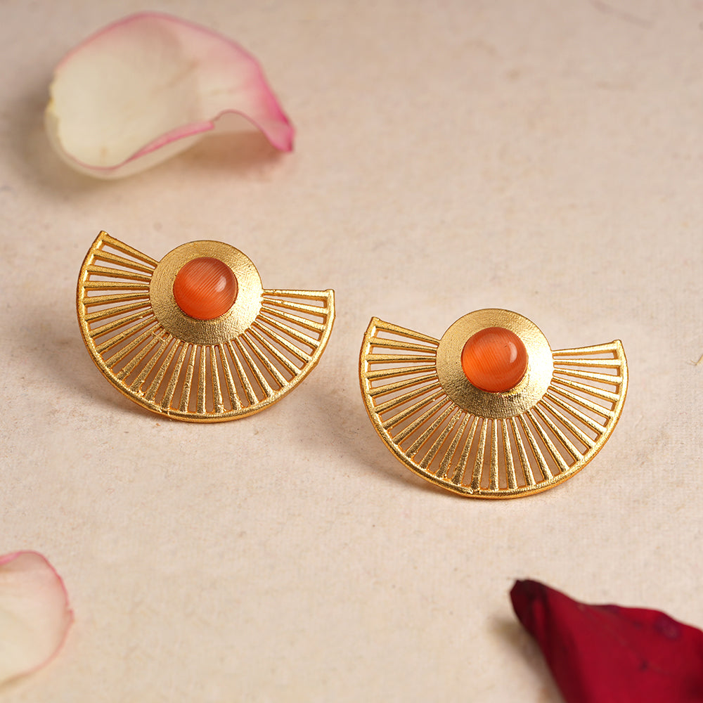 Namya- Stone Studded Golden Stud Earrings(Orange)