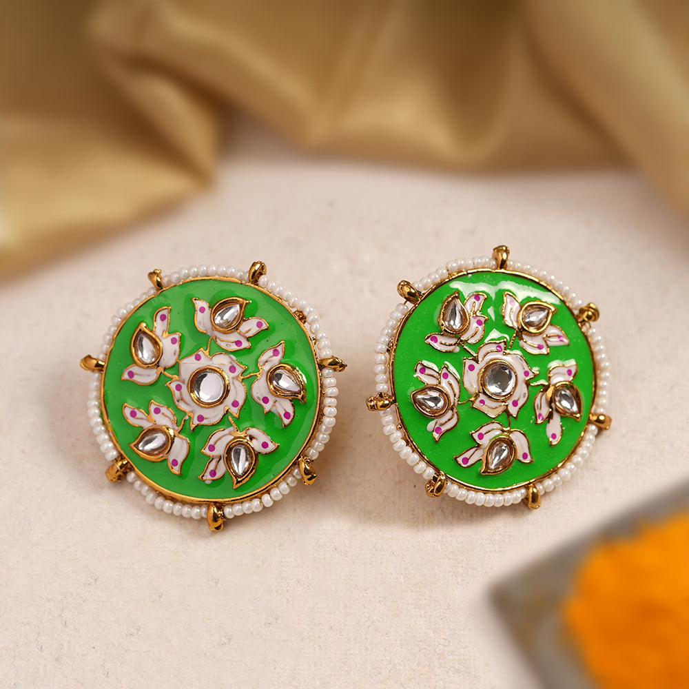 Kriti- Pearl Framed Stud Earrings(Parrot Green)