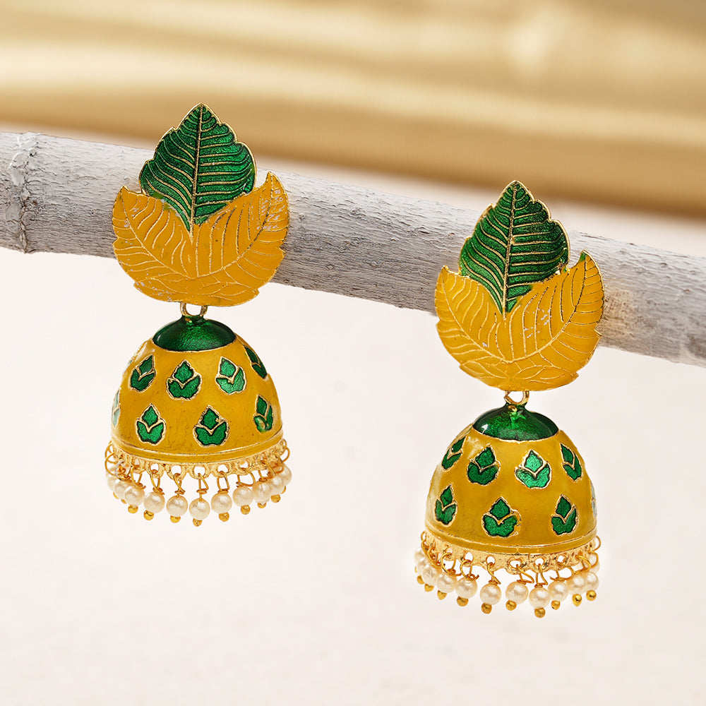 Riva- Hanging Pearls Enameled Jhumka Earrings(Multicolored)