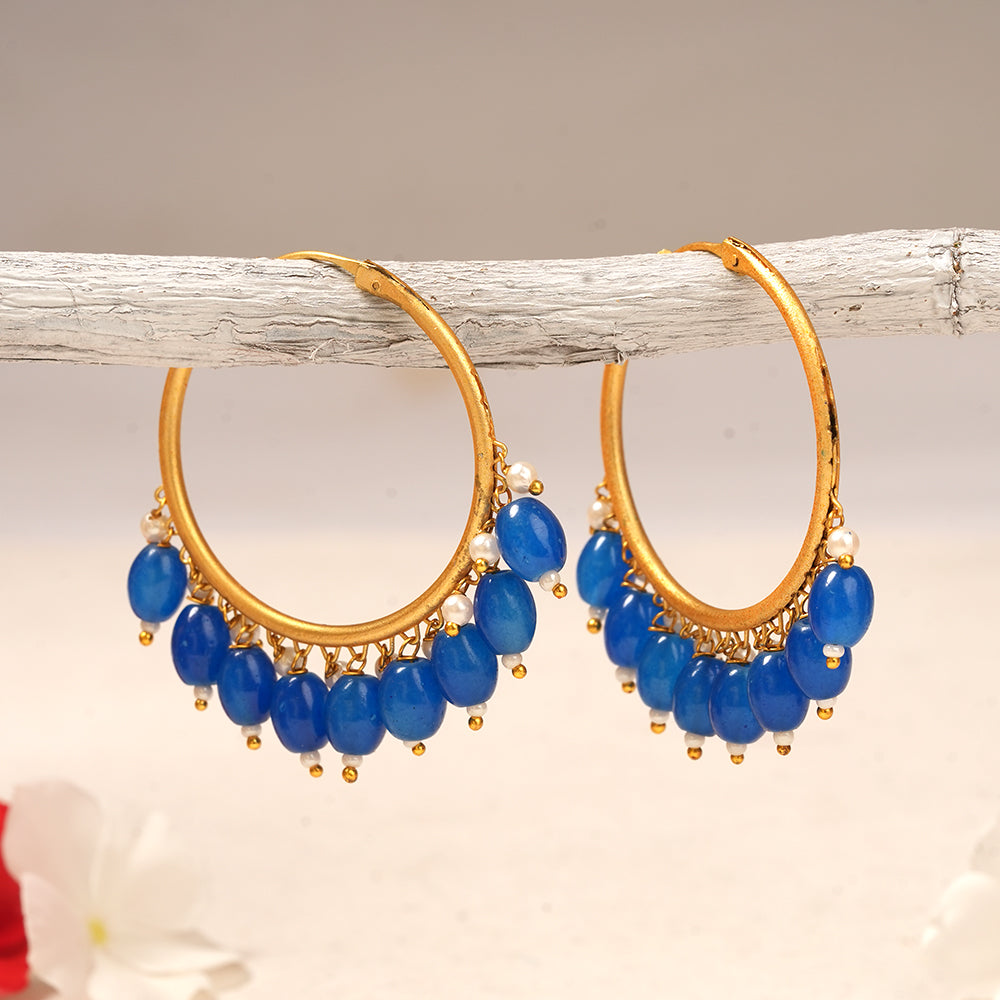 Zoya- Hanging Pearl Hoops Earrings(Navy Blue)