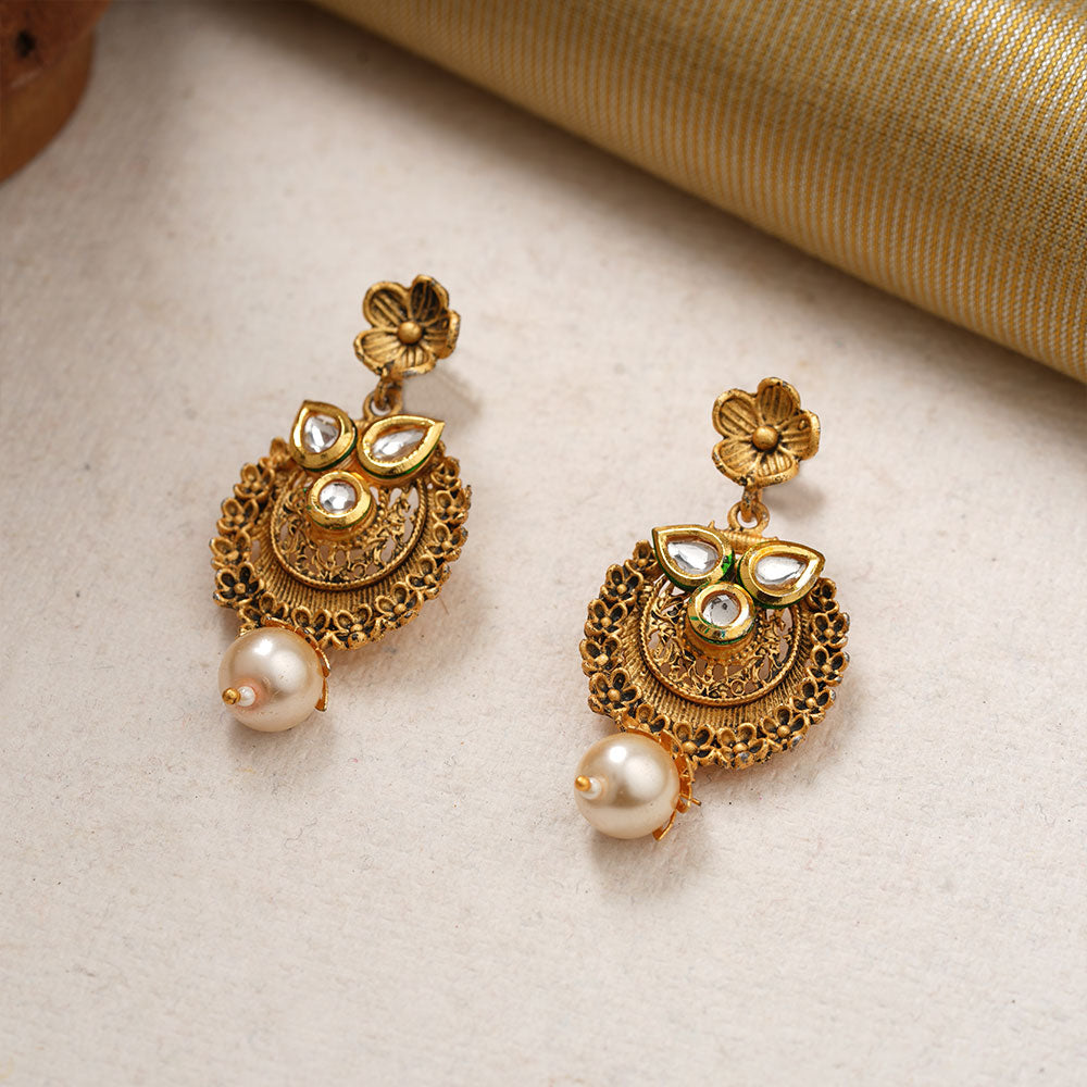 Tanirika- Stone Studded Hanging Pearl Dangler Earrings(White)