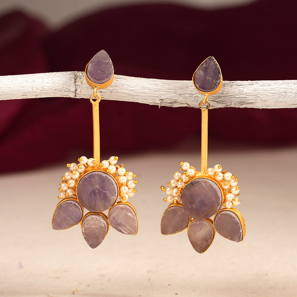 Ziyana- Stone Studded Baby Pearl Dangler Earrings(Purple)