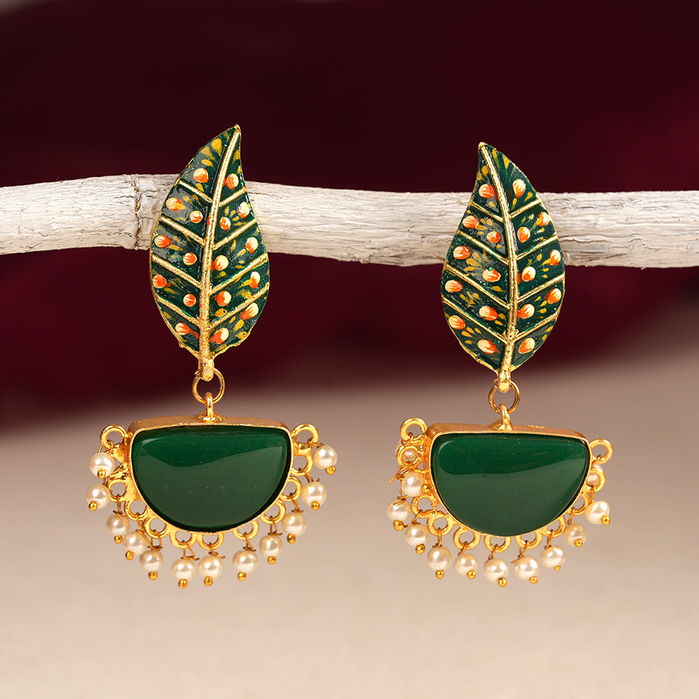 Aashi- Stone Studded Dangler Earrings(Green)