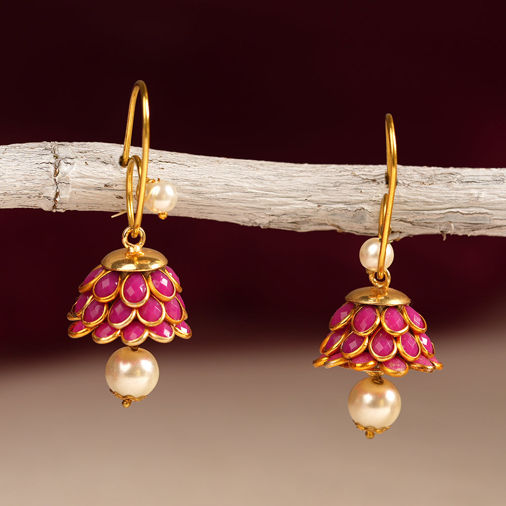 Ishani- Hanging Pearl Jhumki Earrings(Pink)