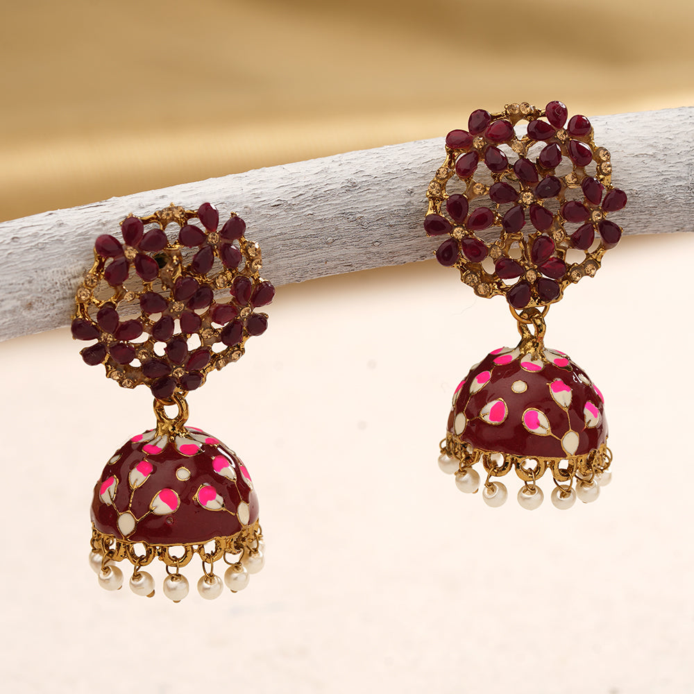 Heeya- Stone Studded Hanging Pearl Jhumka Earrings(Dak Maroon)
