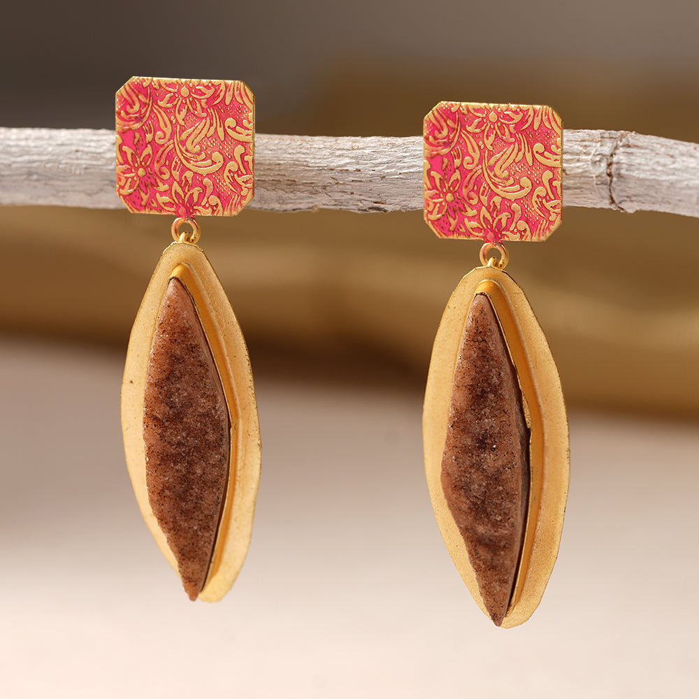 Malini- Unpolished natural stone embedded Dangler Earrings(Brown)