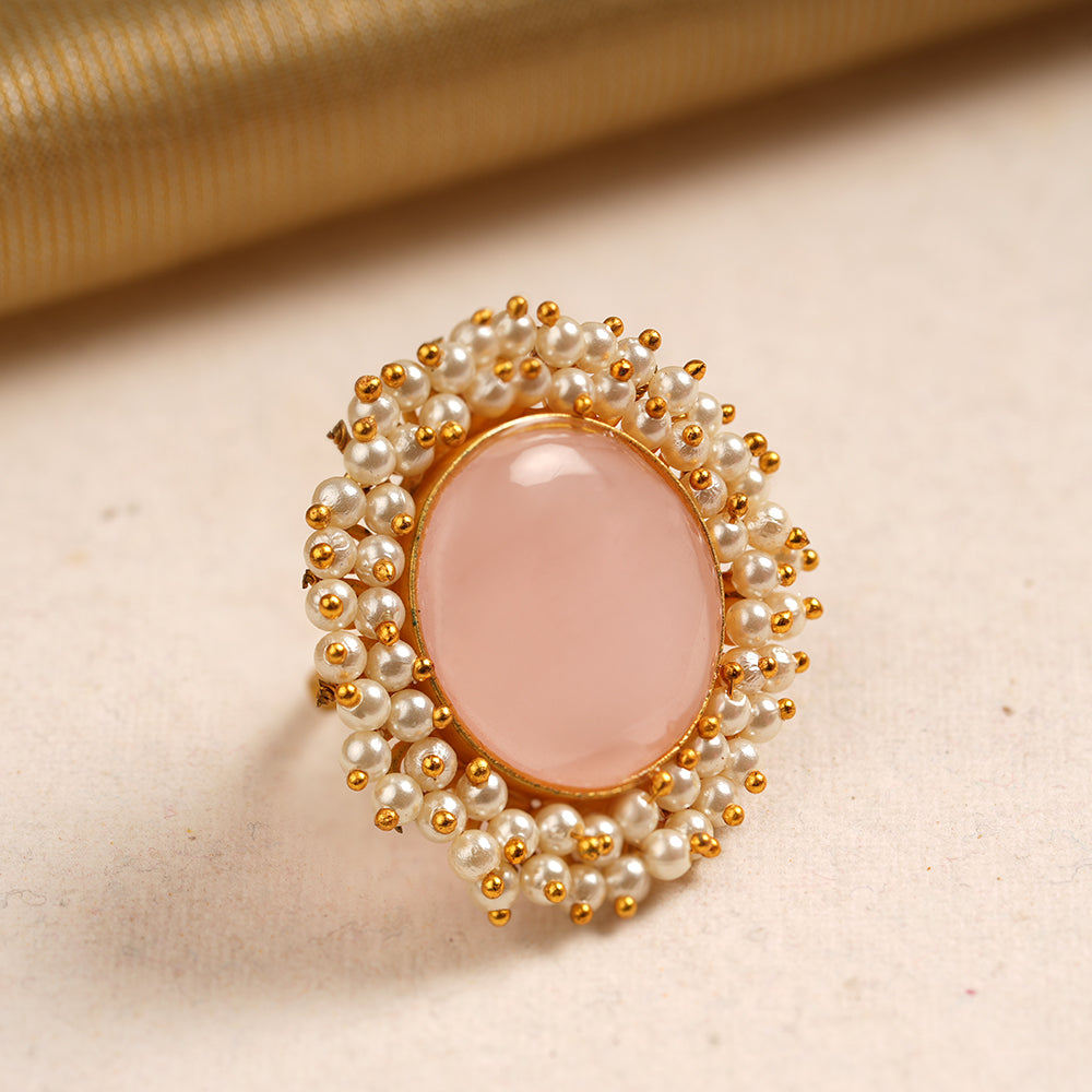 Bhavya- Stone Studded Pearl Framed ring(Pink)