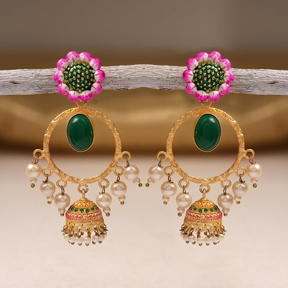 Laila- Stone Studded Hnaging Pearl Jhumki Earrings(Green)