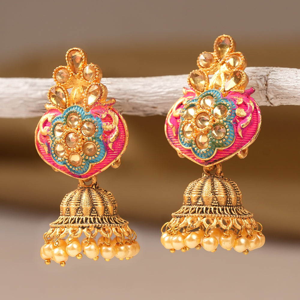 Divya- Stone Studded Hanging Pearl Jhumka Earrings (Red)