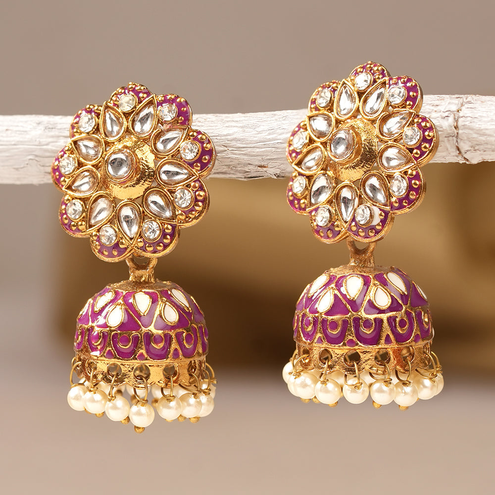 Chhavi- Stone Studded Hanging Pearls Jhumka Earrings