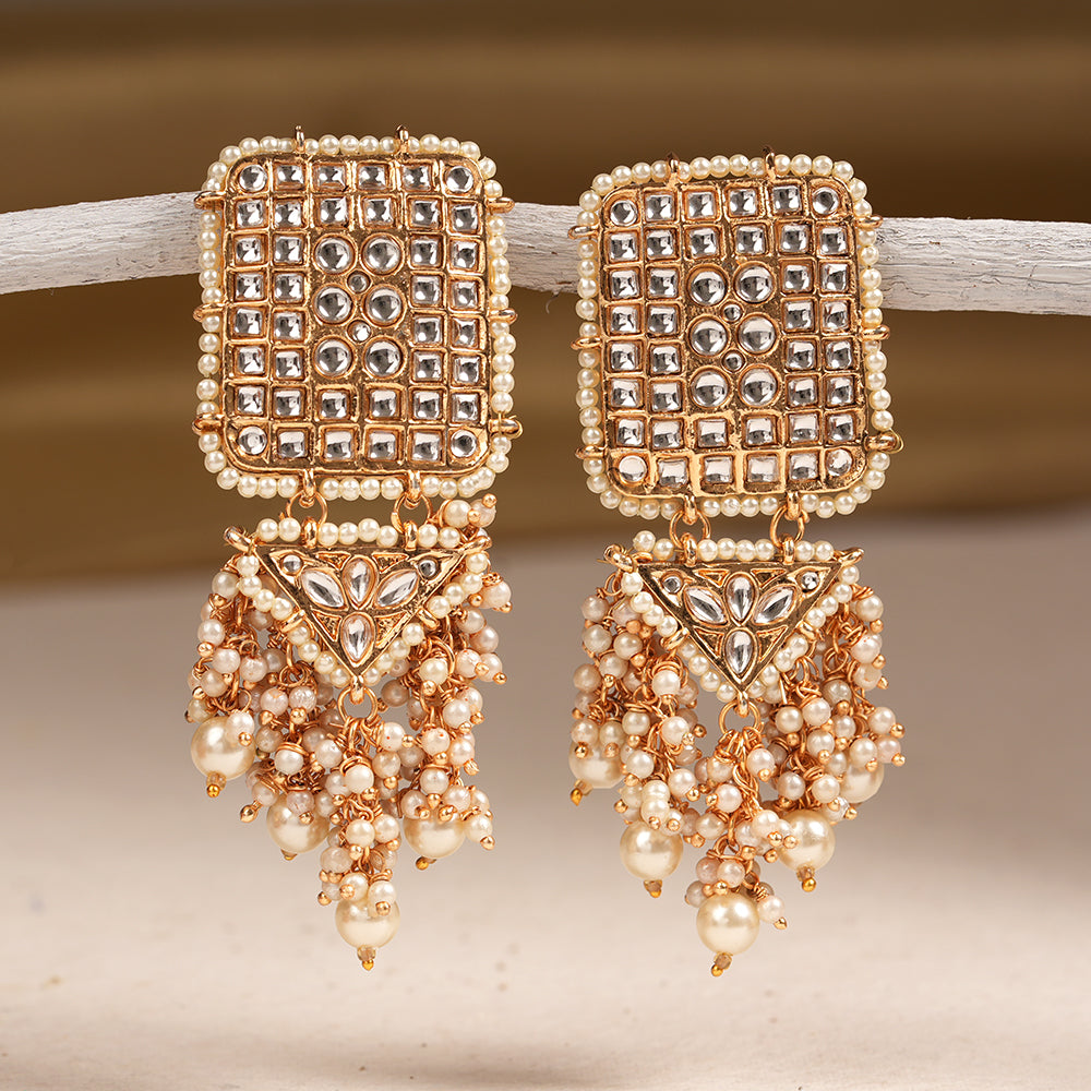 Janya- Stone Studded Hanging Pearl Jhumki Earrings
