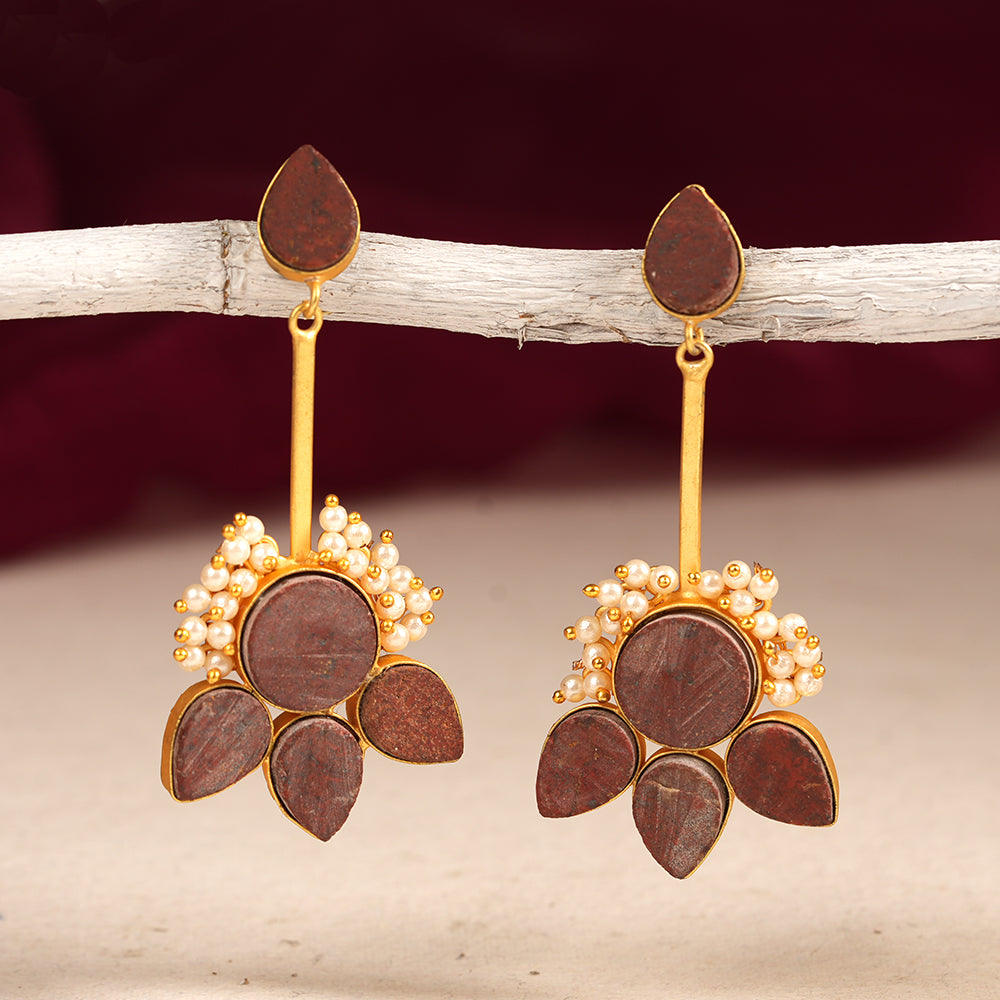 Ziyana- Stone Studded Baby Pearl Dangler Earrings(Red)