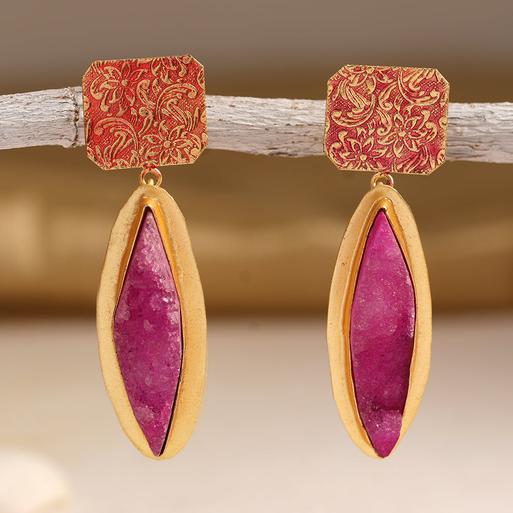 Malini- Unpolished natural stone embedded Dangler Earrings(Pink)