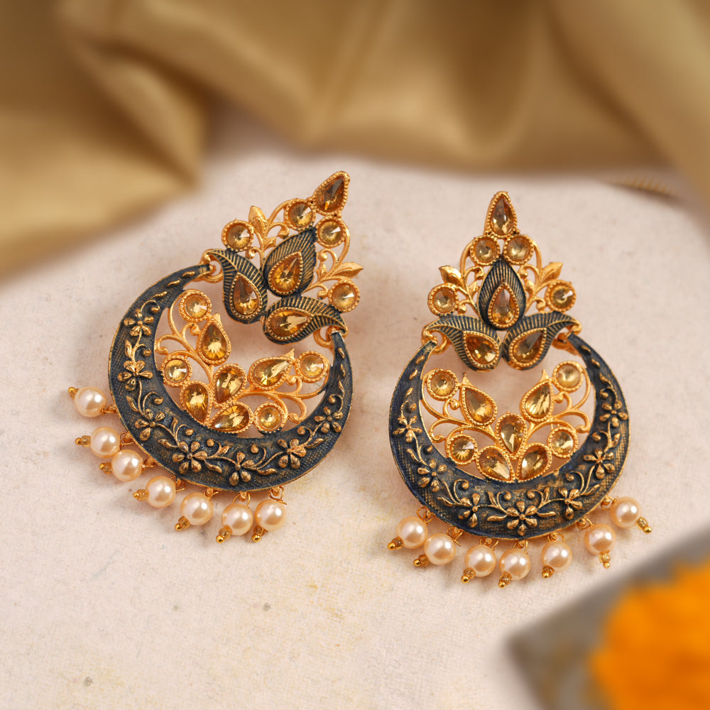 Kashvi- Stone Studded Hanging Pearl Dangler Earrings