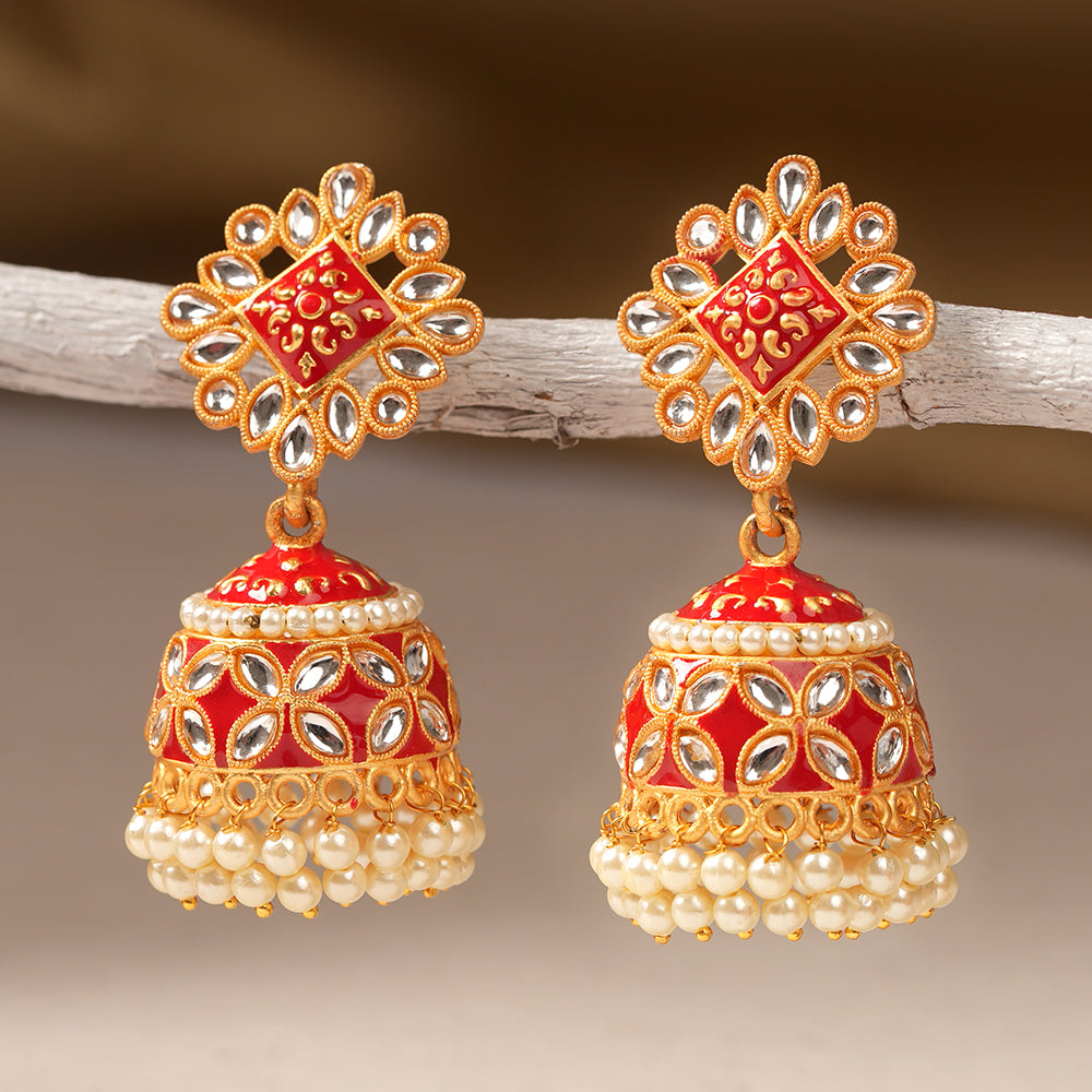 Juhi- Stone Studded Hanging Pearl Jhumki Earrings