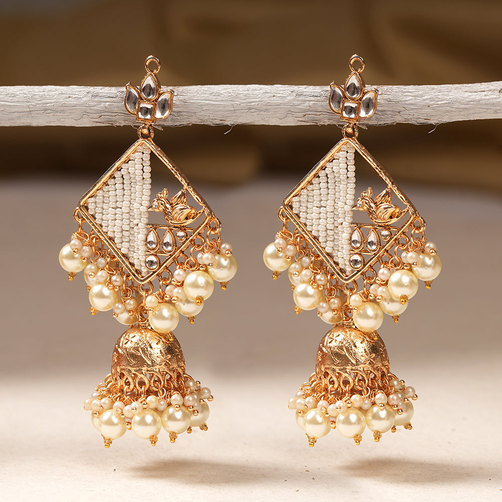 Jiya- Stone Studded Hanging Pearl Jhumki Earrings