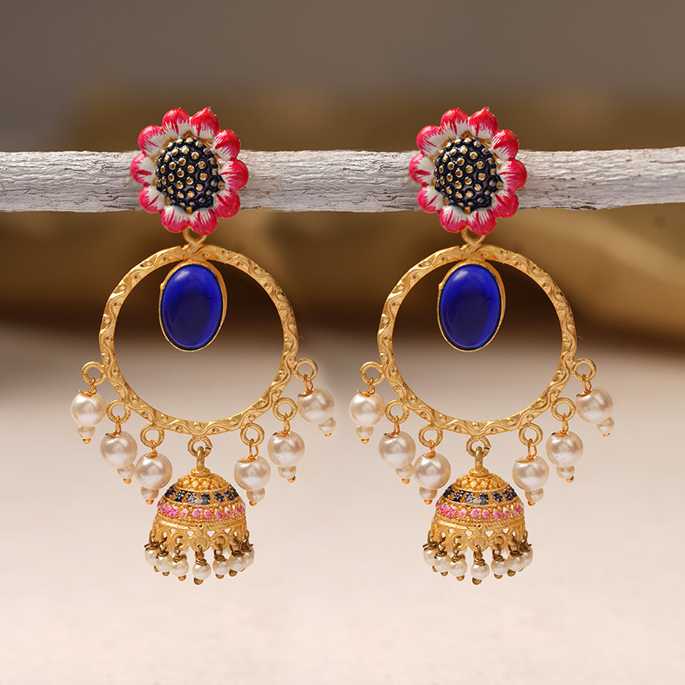 Laila- Stone Studded Hnaging Pearl Jhumki Earrings(Blue)