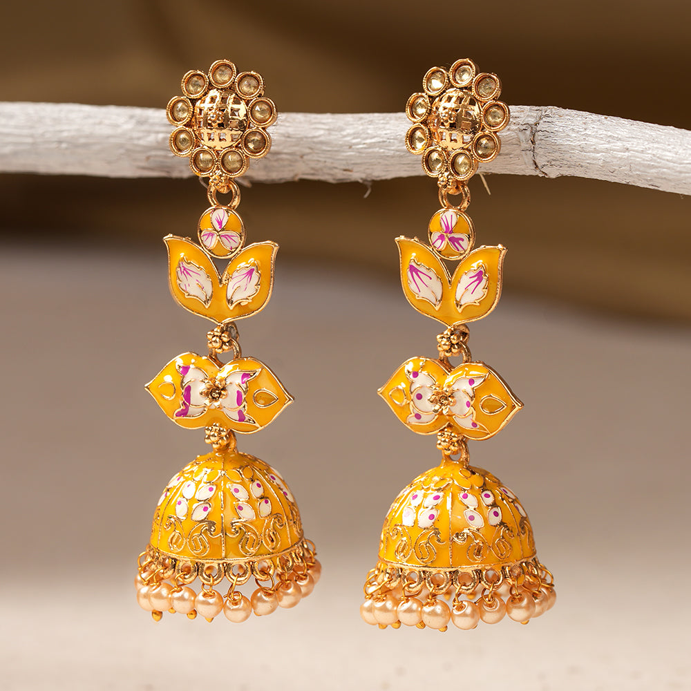 Kalika- Stone Studded Hanging Pearl Jhumki Earrings(Yellow)