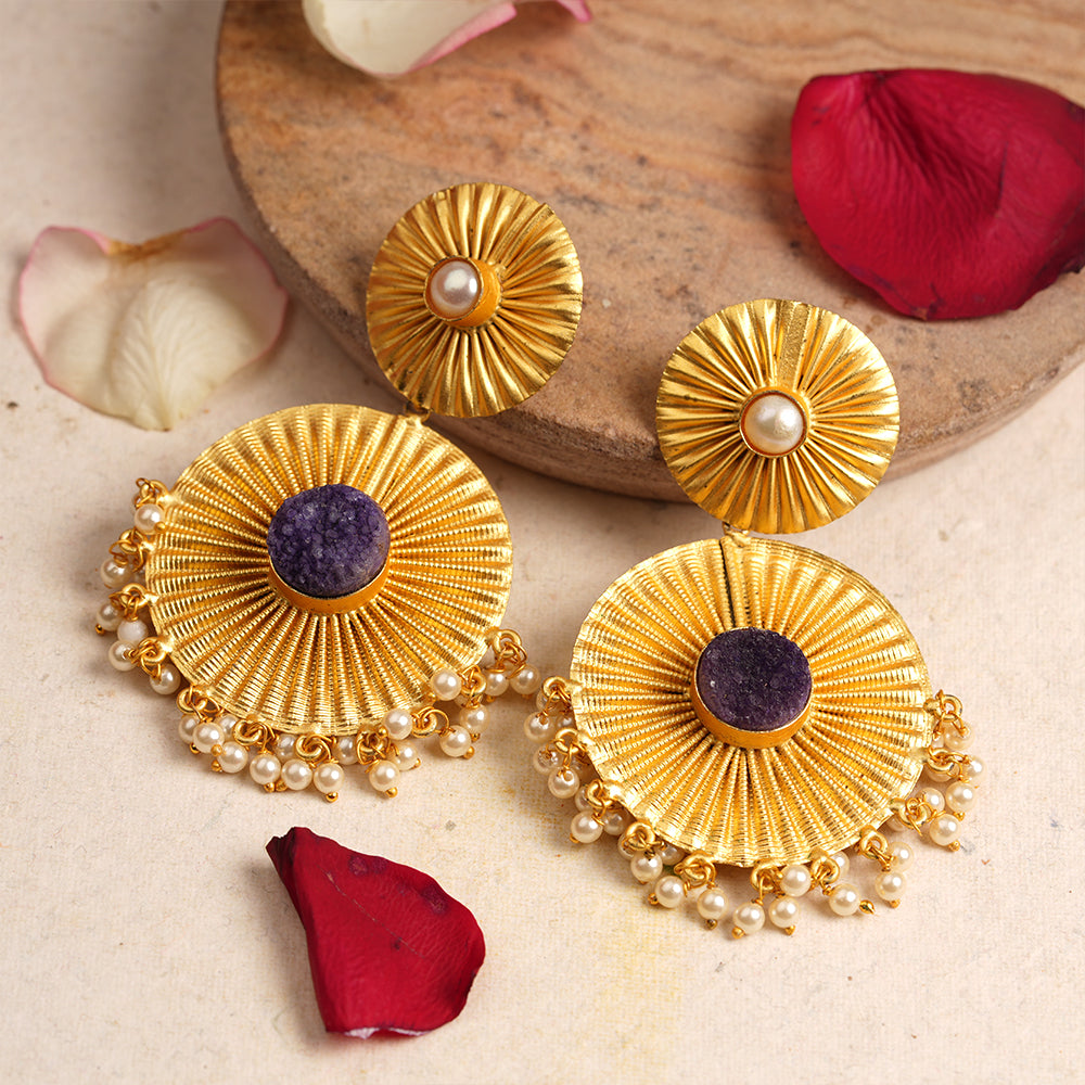 Radha- Natural Stone Studded Dangler Earrings(Purple)