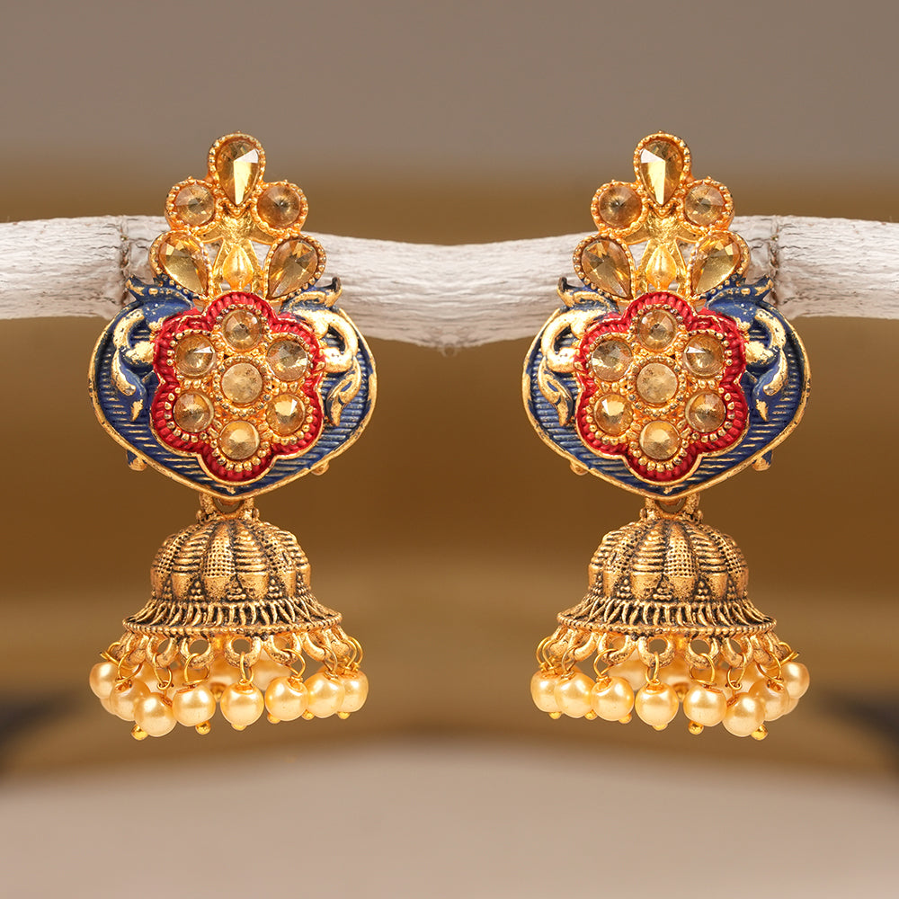 Divya- Stone Studded Hanging Pearl Jhumka Earrings (Blue)