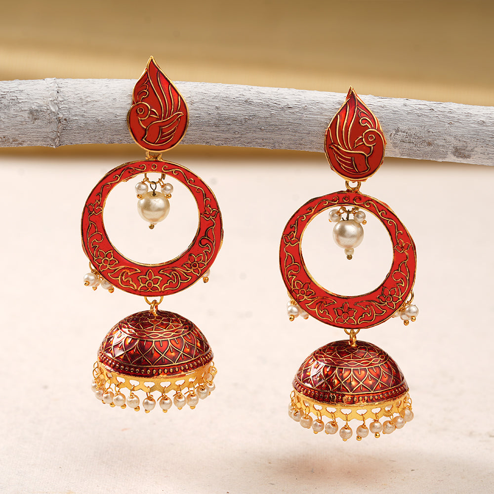 Heer- Stone Studded Hanging Pearl Jhumka Earrings (Red)