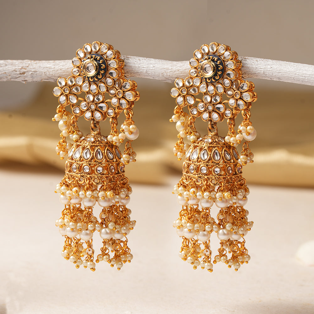 Maira- Stone Studded Hanging Pearl Dangler Earrings