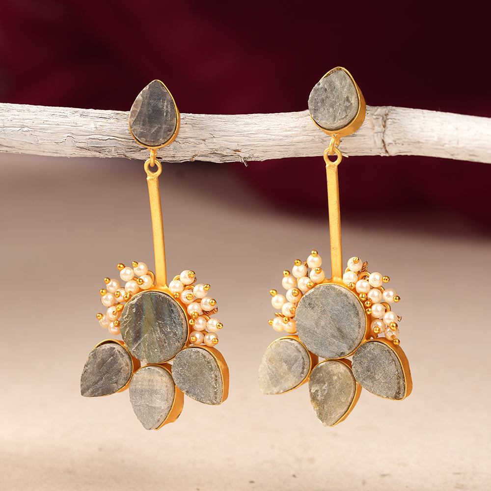 Ziyana- Stone Studded Baby Pearl Dangler Earrings(Gray)