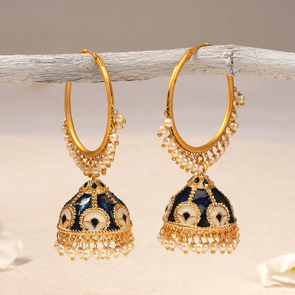 Aarohi- Golden Framed Hanging Pearl Jhumka Earring.