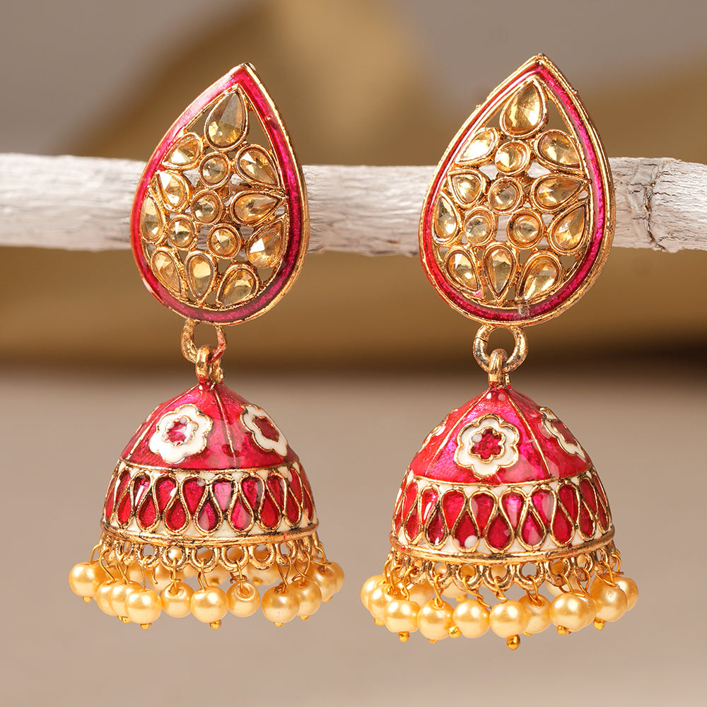 Dyuti- Stone Studded Hanging Pearl Jhumka Earrings (Red)