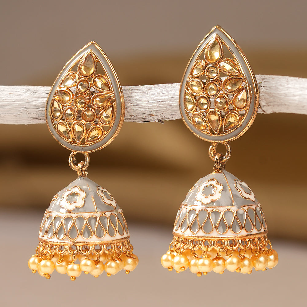 Dyuti- Stone Studded Hanging Pearl Jhumka Earrings (Gray)