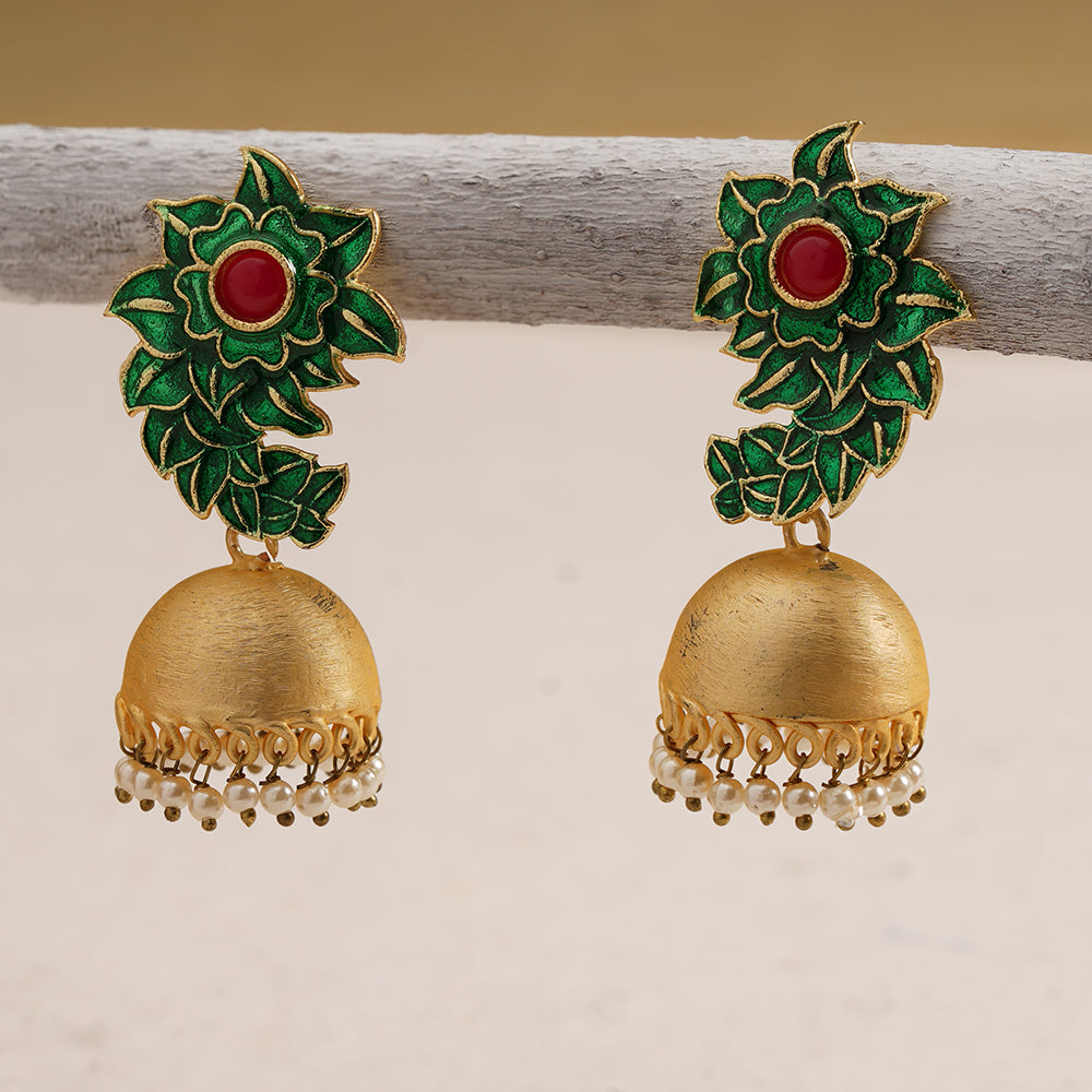 Niva- Hanging Pearl Jhumka Earrings(Green)