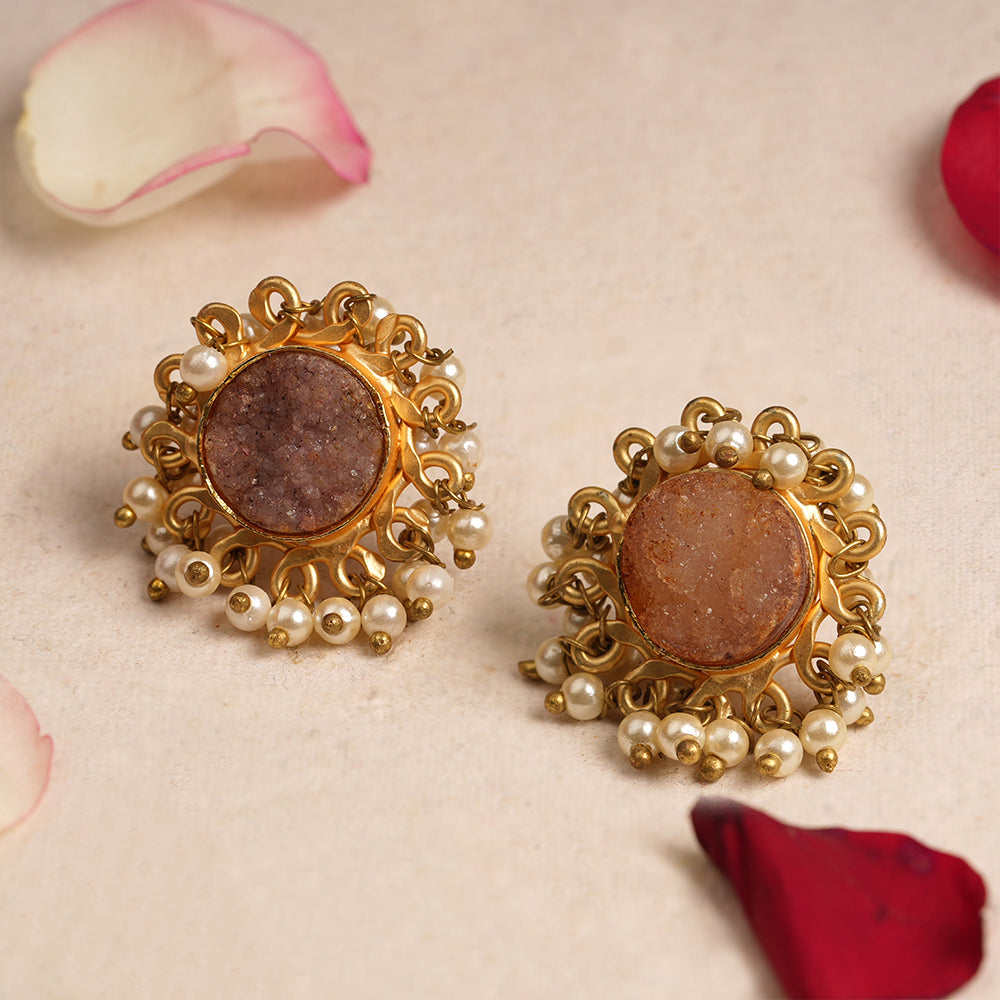 Navya- Stone Studded Hanging Pearls Stud Earrings
