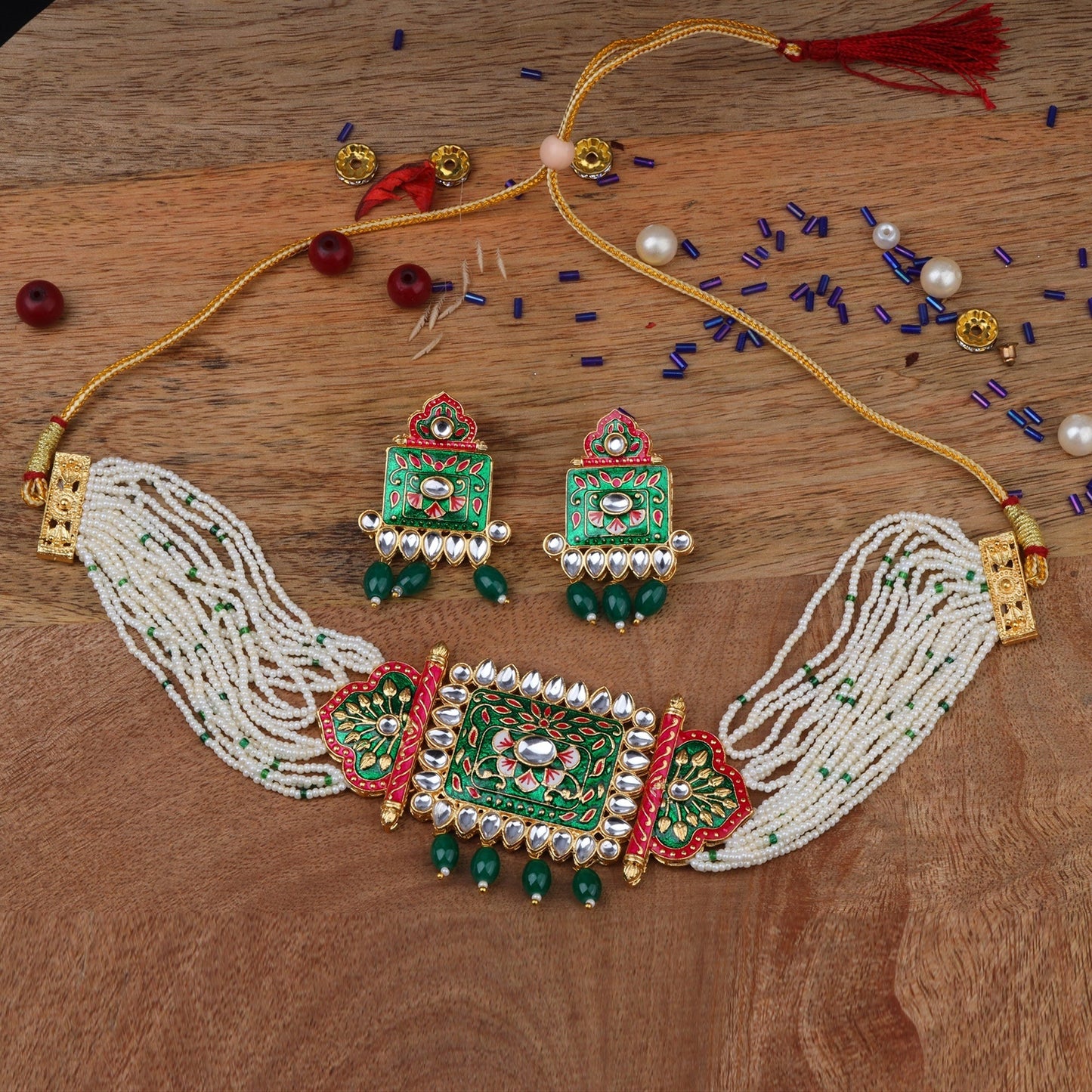 Ishani- Stone Studded Hanging Pearl Beaded Neckpiece Set (Green)