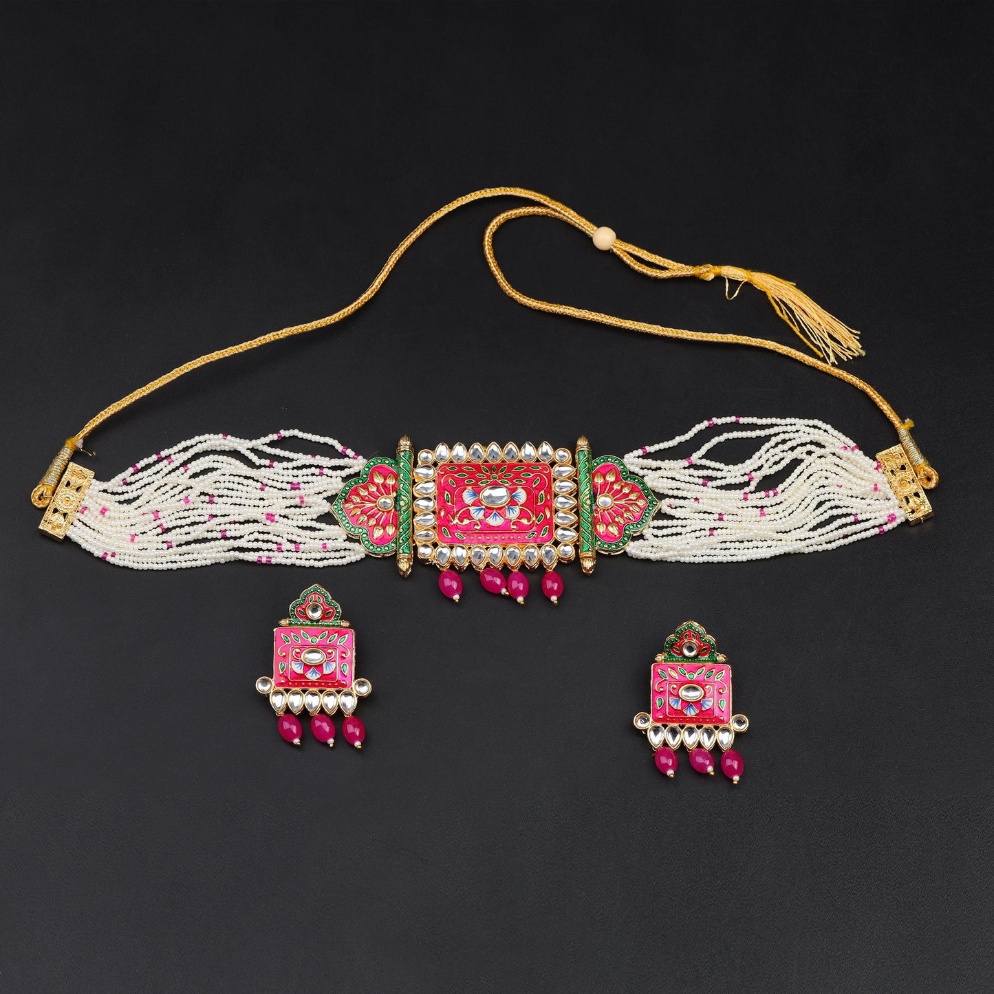 Ishani- Stone Studded Hanging Pearl Beaded Neckpiece Set (Dark Pink)