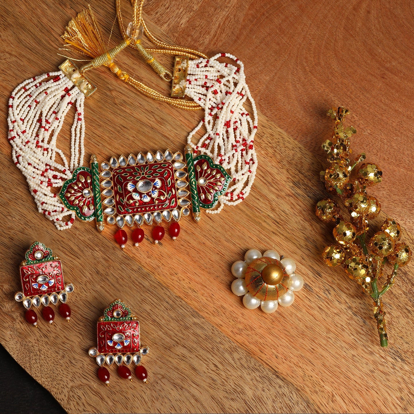Ishani- Stone Studded Hanging Pearl Beaded Neckpiece Set (Red)
