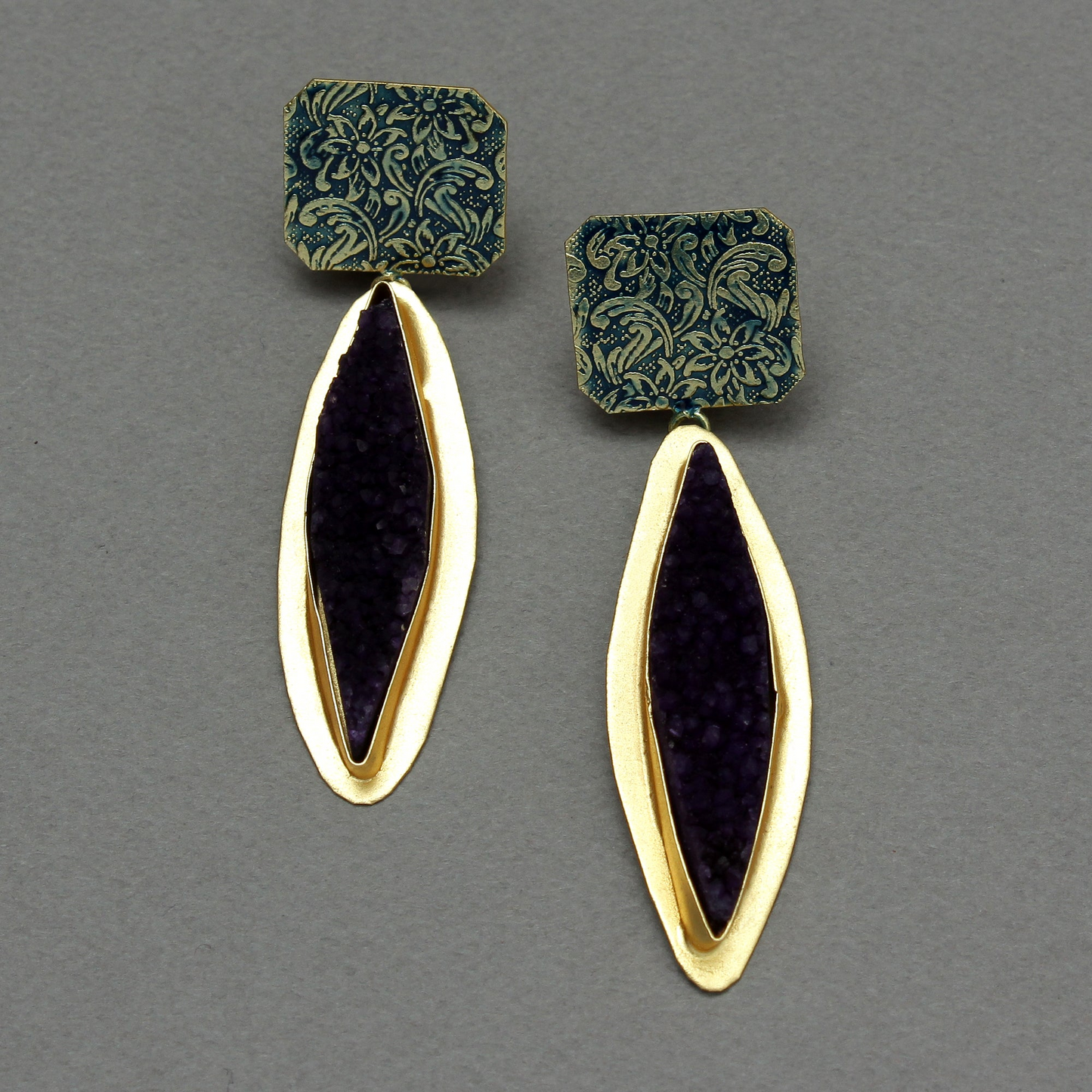 Malini- Unpolished natural stone embedded Dangler Earrings(Blue)