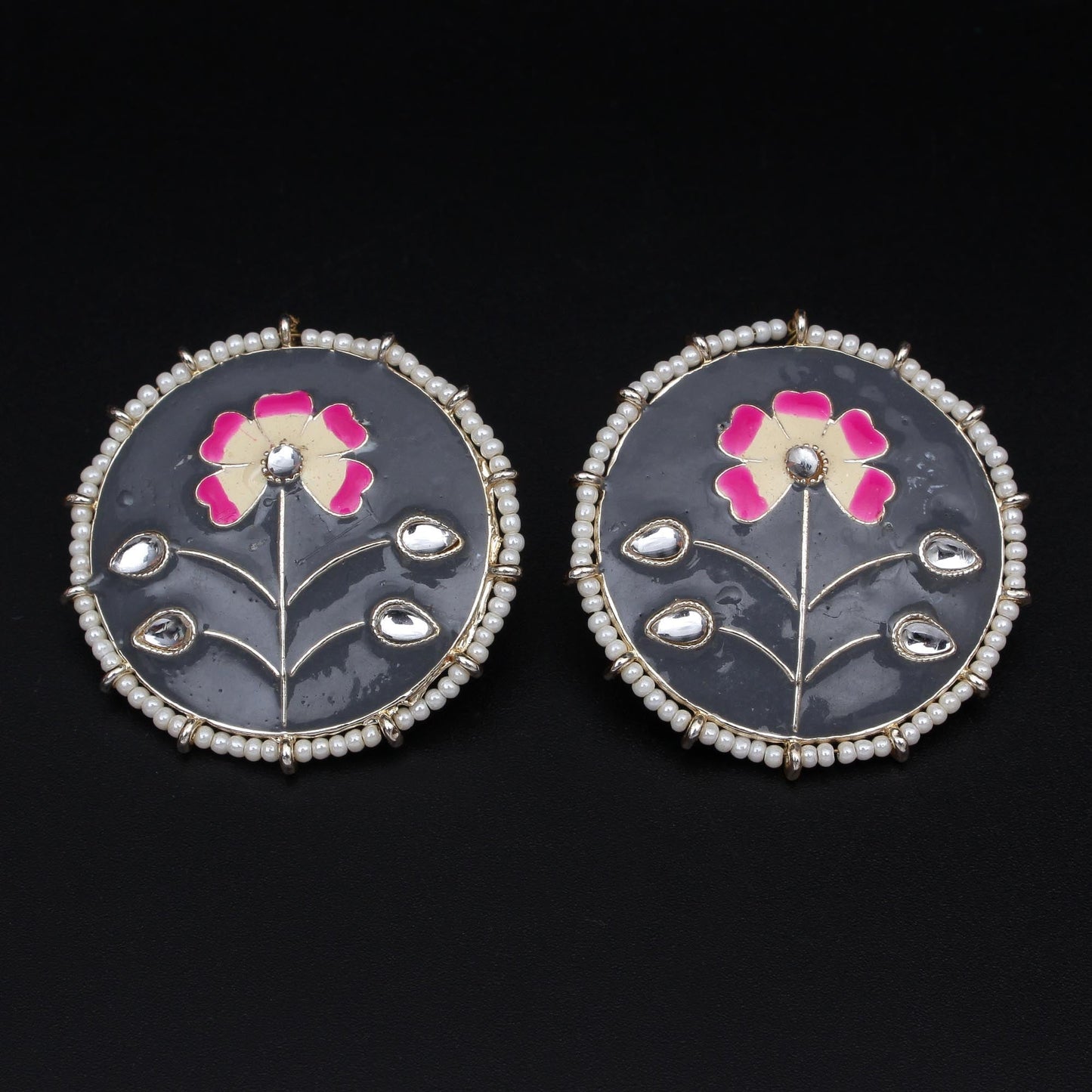Anahita- Stone Studded Pearl Framed Stud Earrings(Gray)