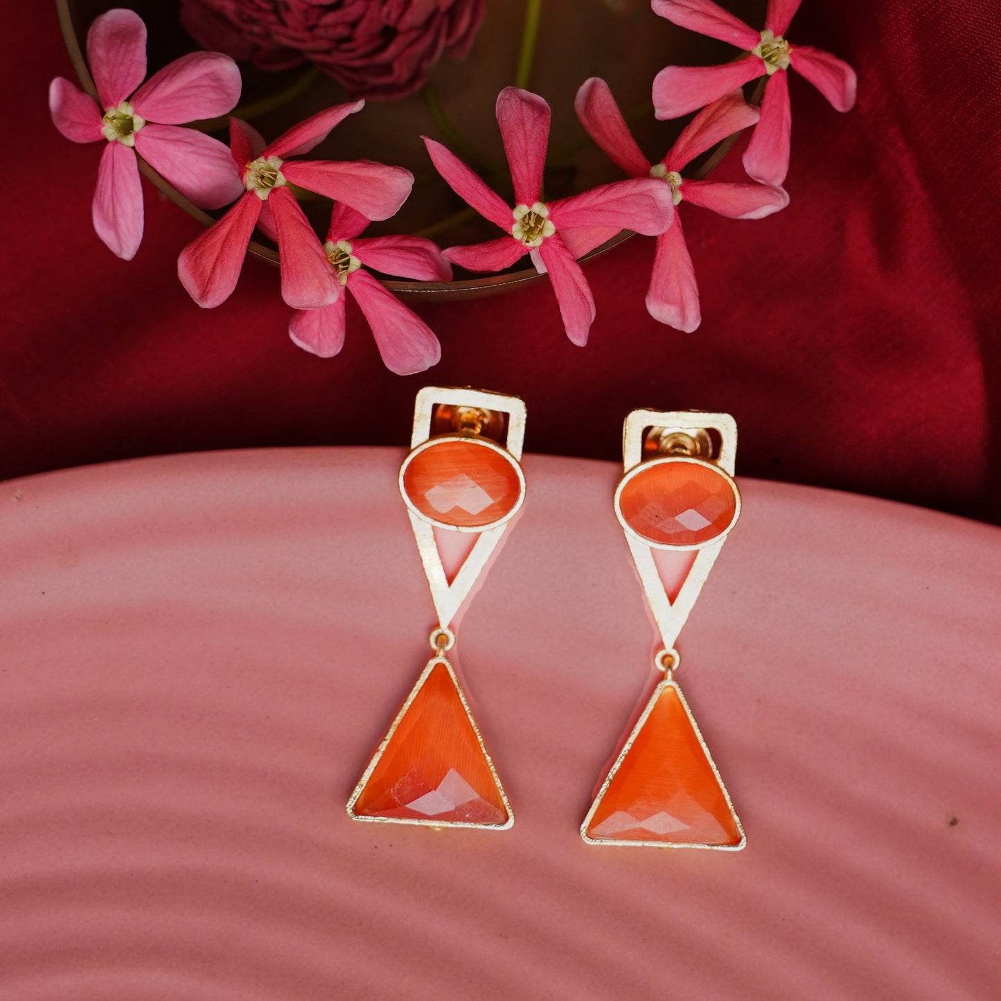 Anaya- Stone Studded Framed Dangler Earrings(Peach Puff)