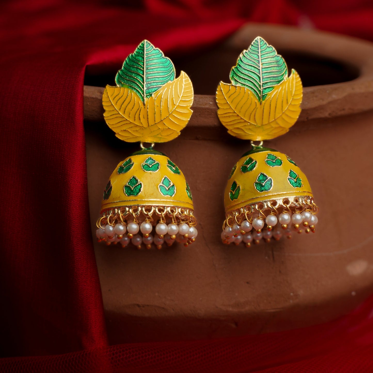 Riva- Hanging Pearls Enameled Jhumka Earrings(Multicolored)