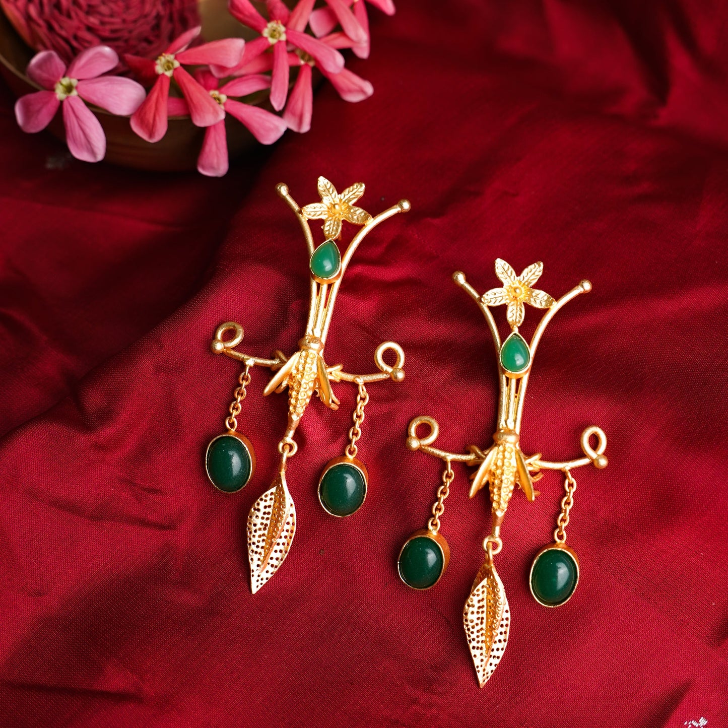 Arya- Stone Studded Dangler Earrings(Green)