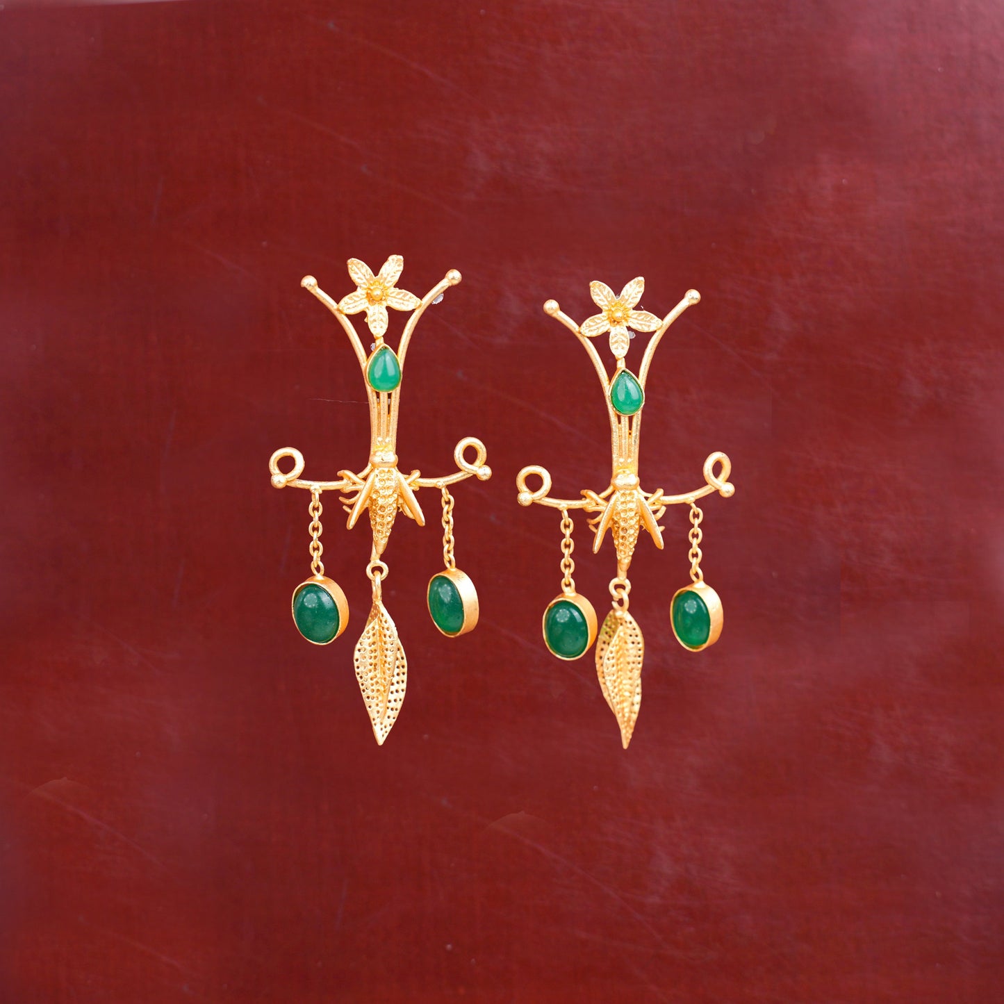 Arya- Stone Studded Dangler Earrings(Green)