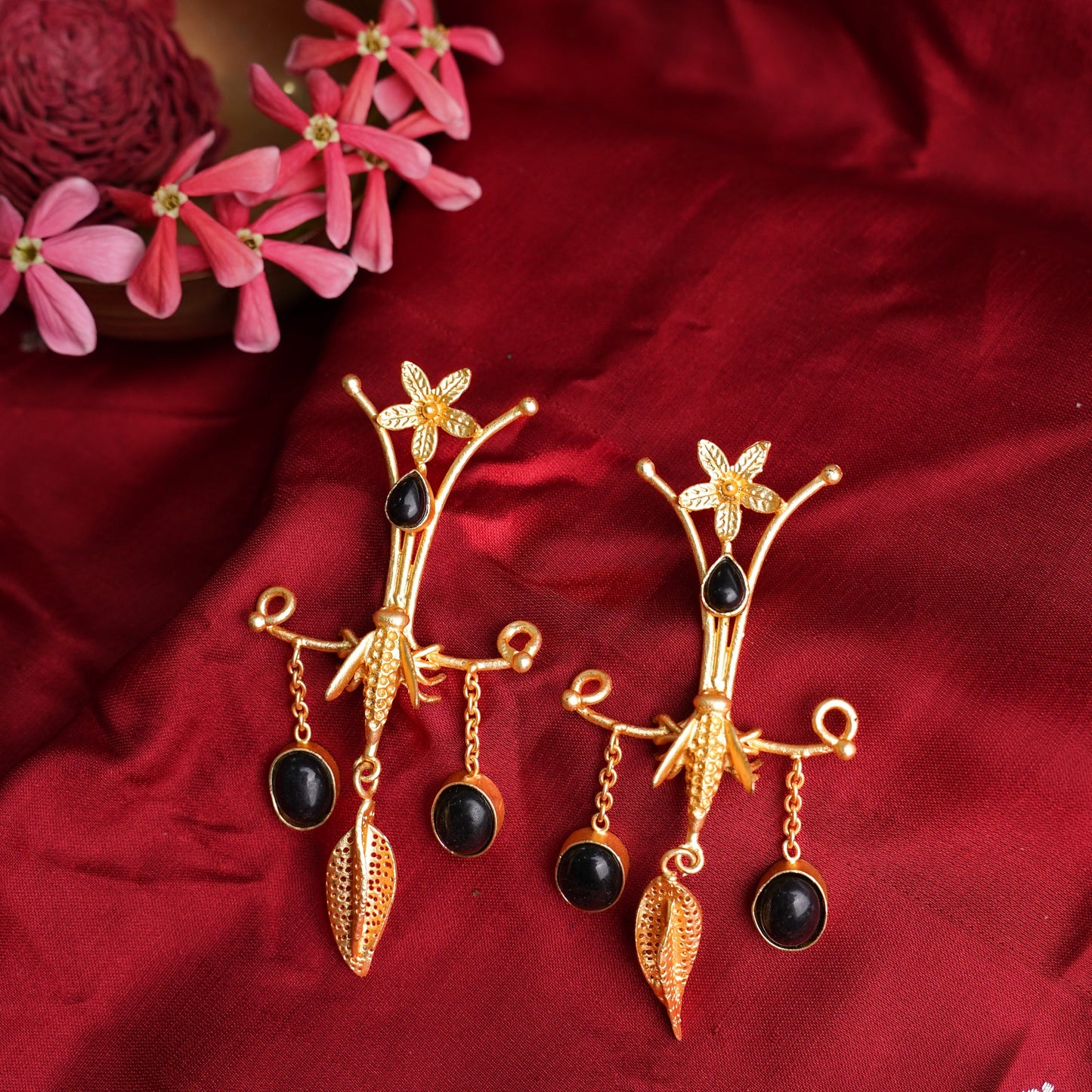 Arya- Stone Studded Dangler Earrings(Black)