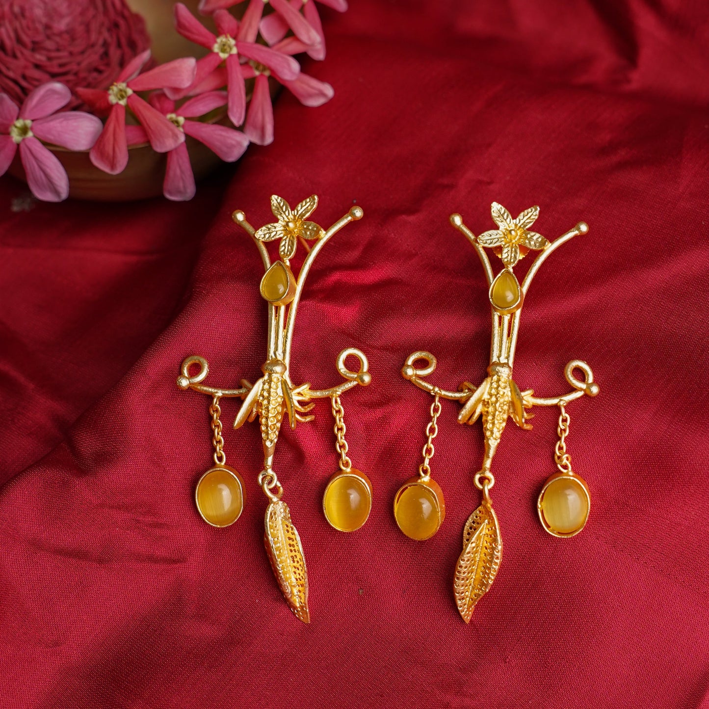 Arya- Stone Studded Dangler Earrings(Yellow)
